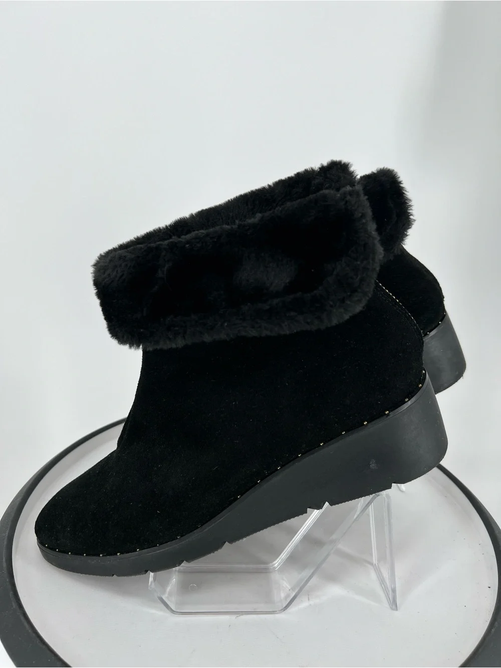 Steven Natural Comfort Bingo Black Suede Faux Fur Cuff Wedge‎ Booties